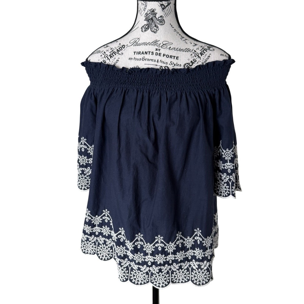 Abercrombie & Fitch Women Size M Blue Ruffle Off Shoulder Embroidery Boho Blouse